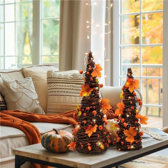 CRCZK 16inch Fall Tree Decoration Indoor, 2PCS Artifical Autumn Rattan Pumpkins - Picture 3 of 8